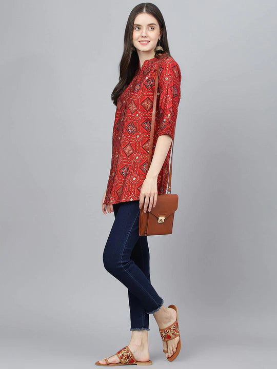 Red Bandhani Printed Modal A-Line Shirts Style Top