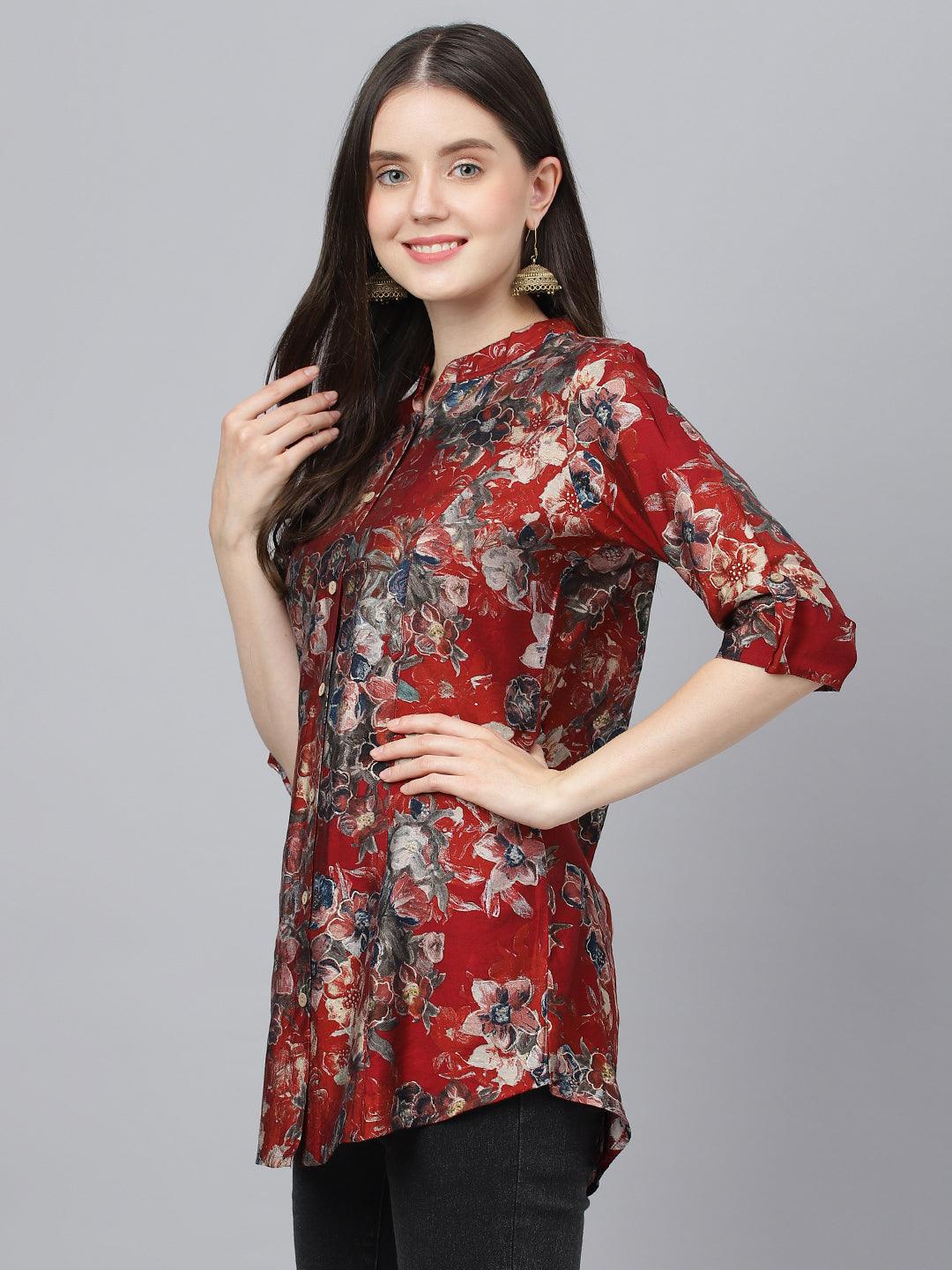 Maroon Floral Printed Modal A-Line Shirts Style Top