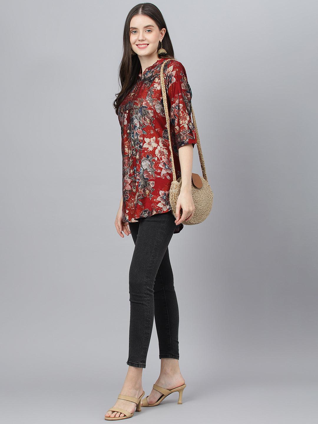 Maroon Floral Printed Modal A-Line Shirts Style Top