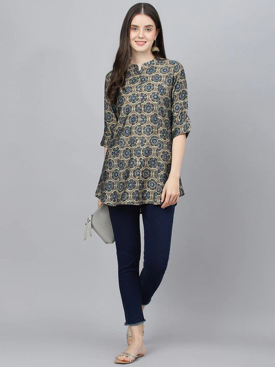 Brown Floral Printed Modal A-Line Shirts Style Top