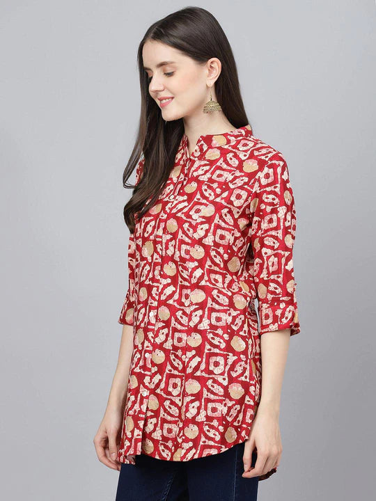 Red Abstract Printed Rayon A-line Shirts Style Top