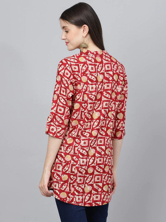Red Abstract Printed Rayon A-line Shirts Style Top