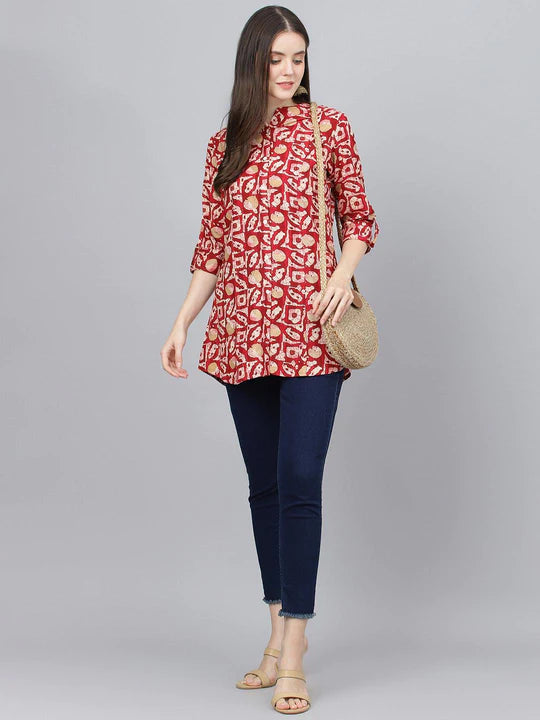 Red Abstract Printed Rayon A-line Shirts Style Top