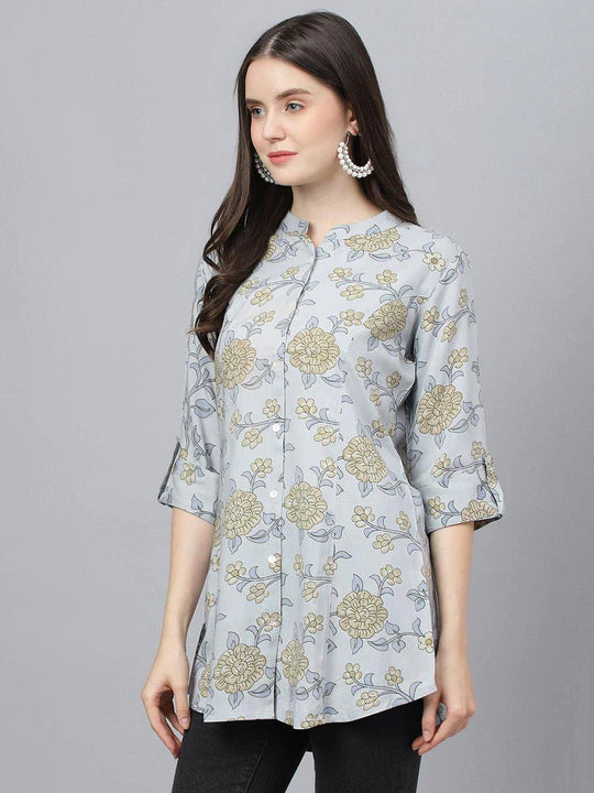 Dusty Blue Floral Printed Rayon A-line Shirts Style Top