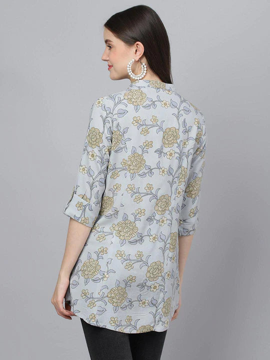Dusty Blue Floral Printed Rayon A-line Shirts Style Top