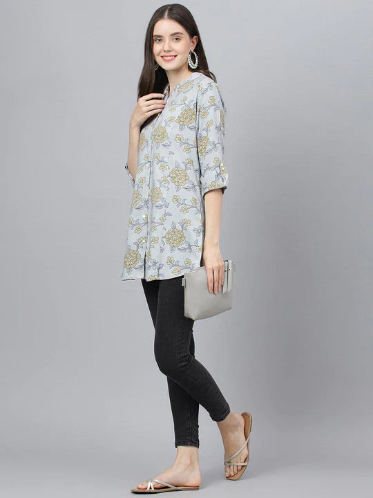 Dusty Blue Floral Printed Rayon A-line Shirts Style Top