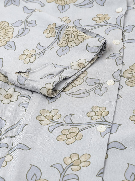 Dusty Blue Floral Printed Rayon A-line Shirts Style Top