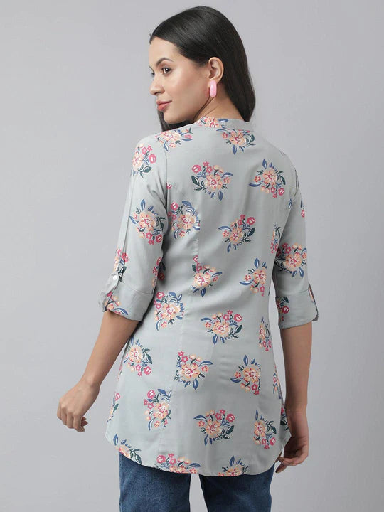 Gray Floral Printed Rayon A-line Shirt Style Top