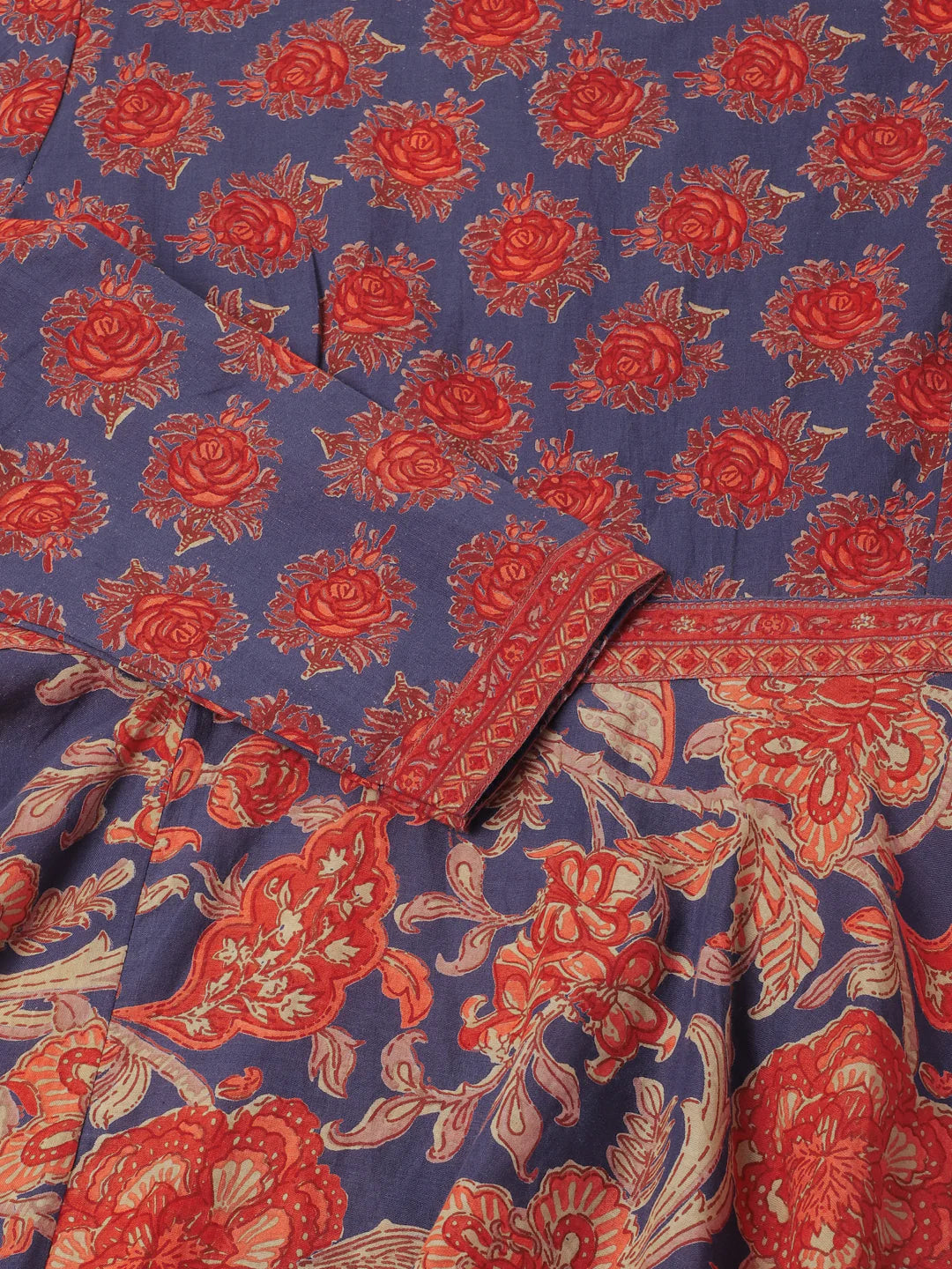 Blue Maroon Floral Printed Anarkali Kurta