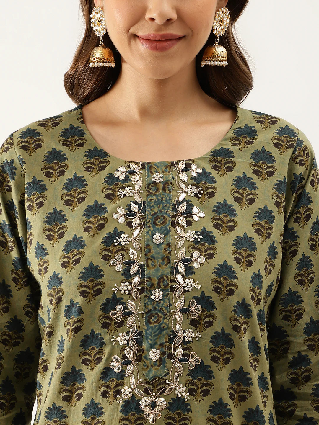 Floral Green Cotton Embroidered Kurta Set