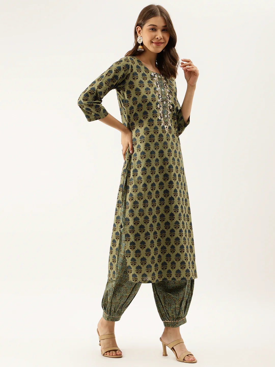 Floral Green Cotton Embroidered Kurta Set