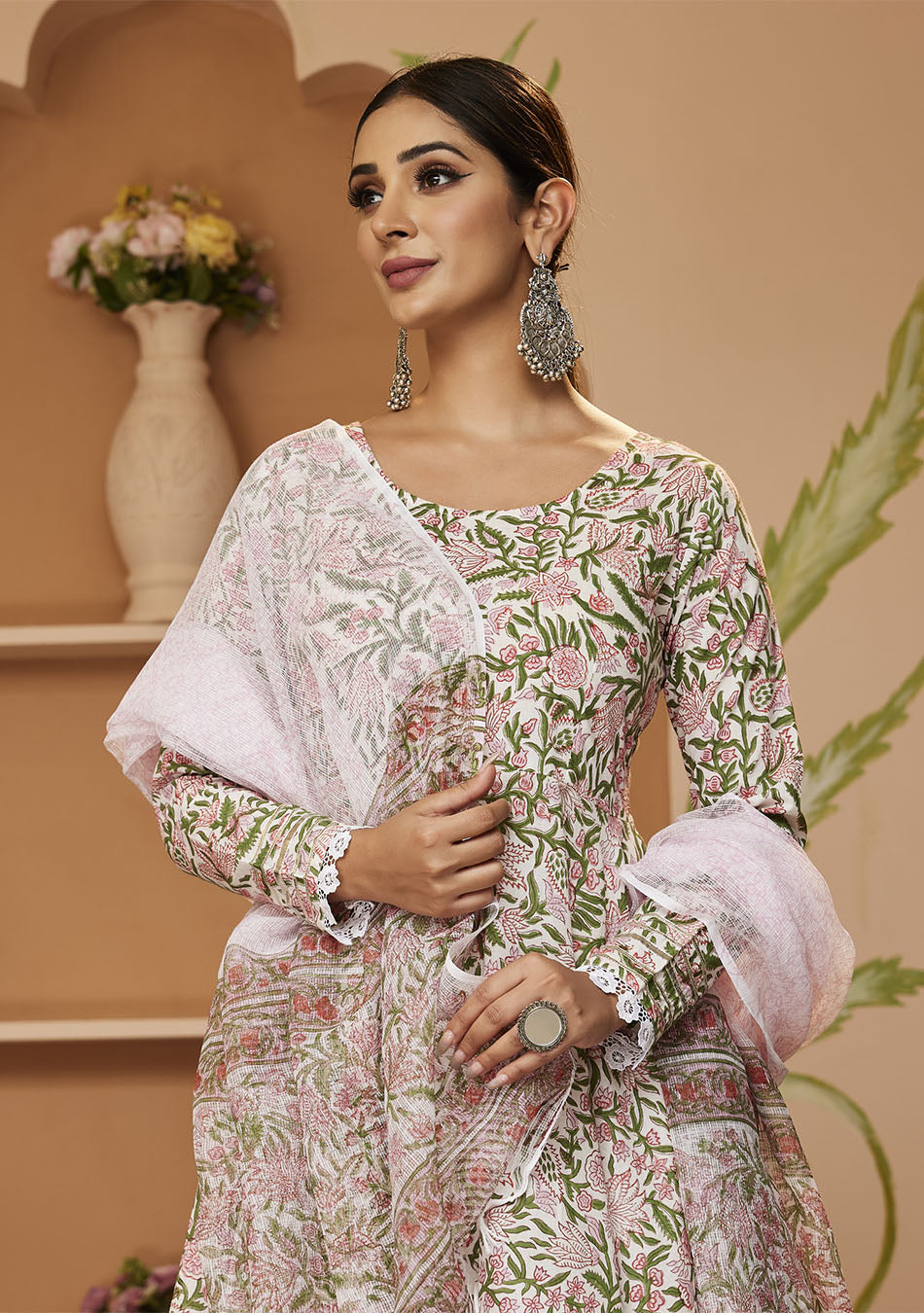 Handblock Printed Green Anarkali Cotton Kurta With Trousers & Dupatta