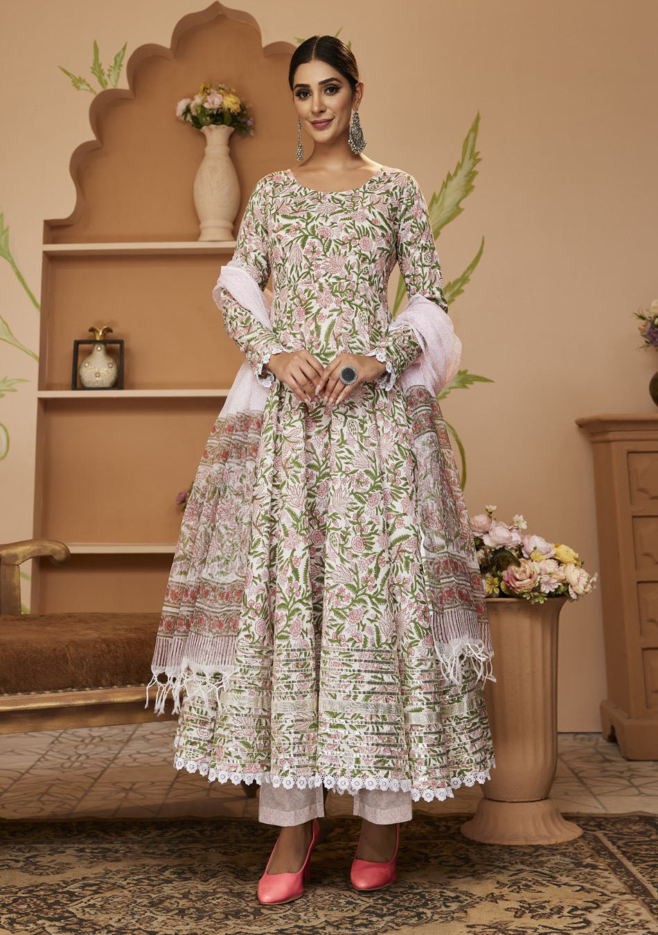 Handblock Printed Green Anarkali Cotton Kurta With Trousers & Dupatta