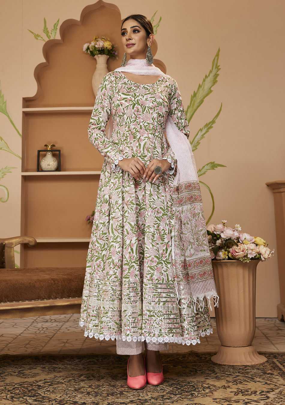 Handblock Printed Green Anarkali Cotton Kurta With Trousers & Dupatta