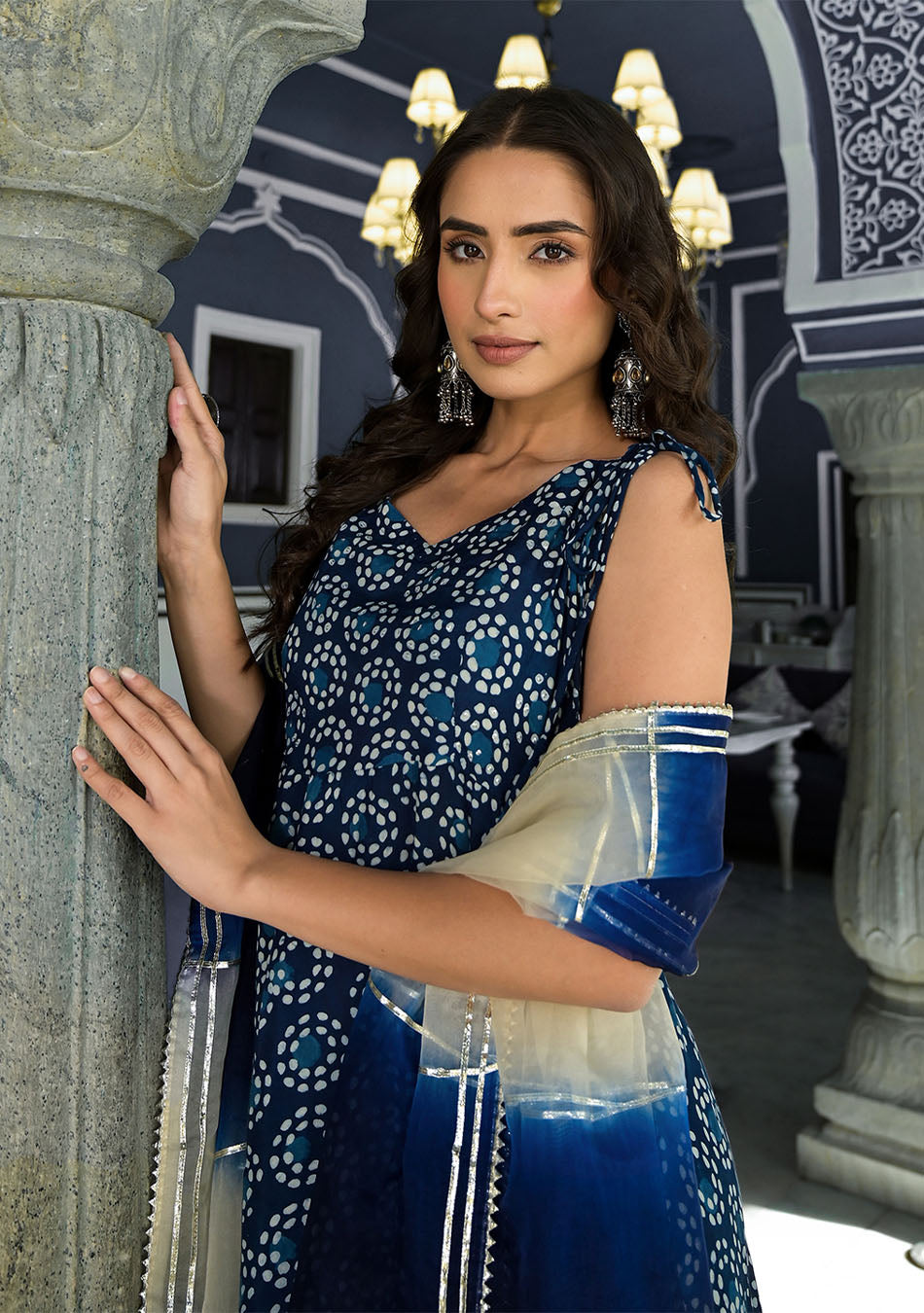 Blue Printed Anarkali Muslin Shoulder Stripe Kurta Trouser with Dupatta Set
