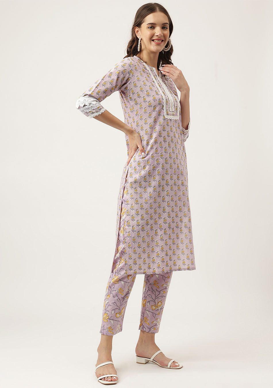 Lavender Hand Block Printed Cotton Kurta, Trouser with Kota Doria Dupatta Set