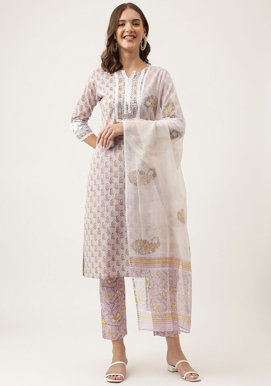 Lavender Hand Block Printed Cotton Kurta, Trouser with Kota Doria Dupatta Set