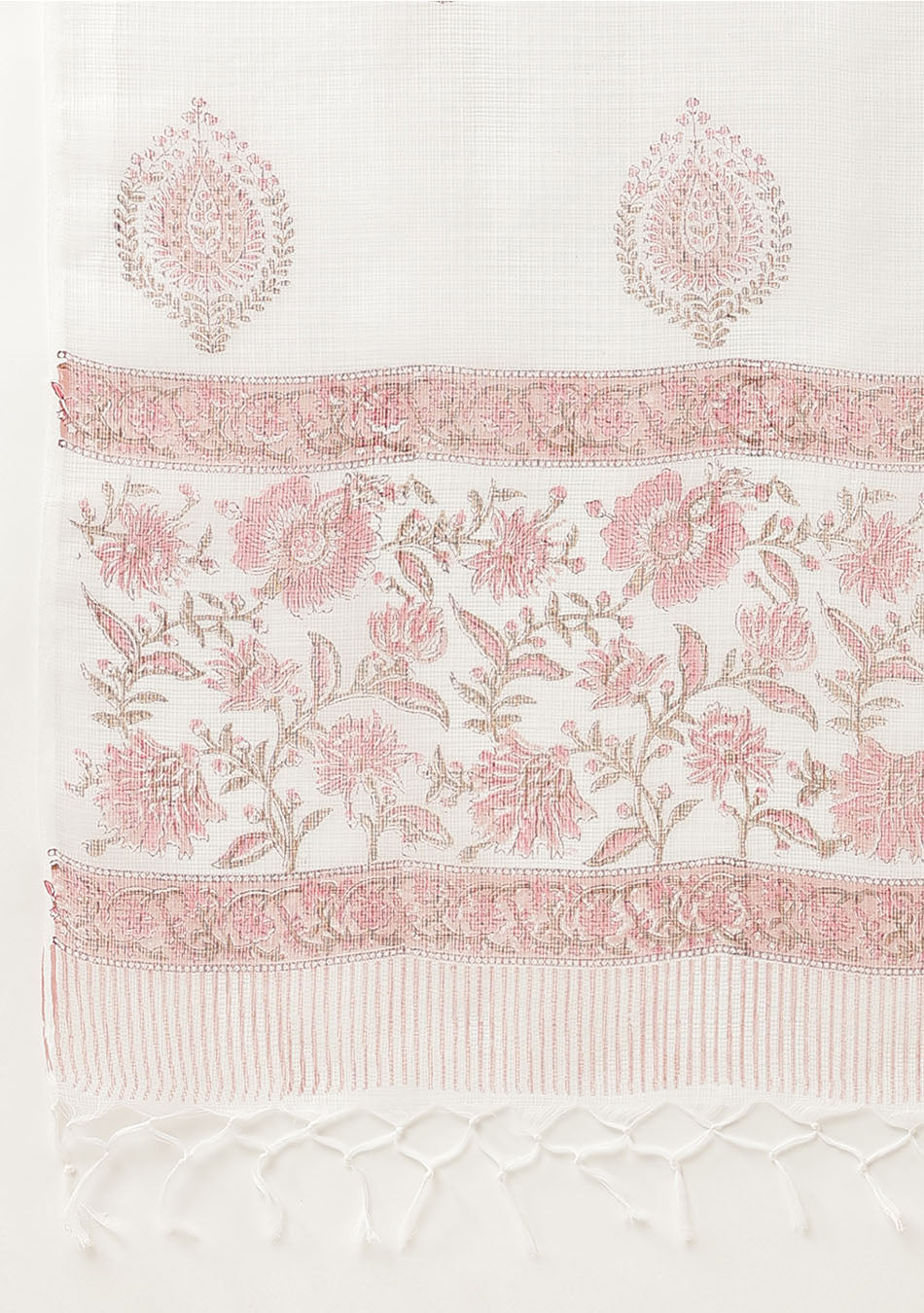 Pink hand block Floral Printed Cotton Kurta, trousers with Dupatta Set
