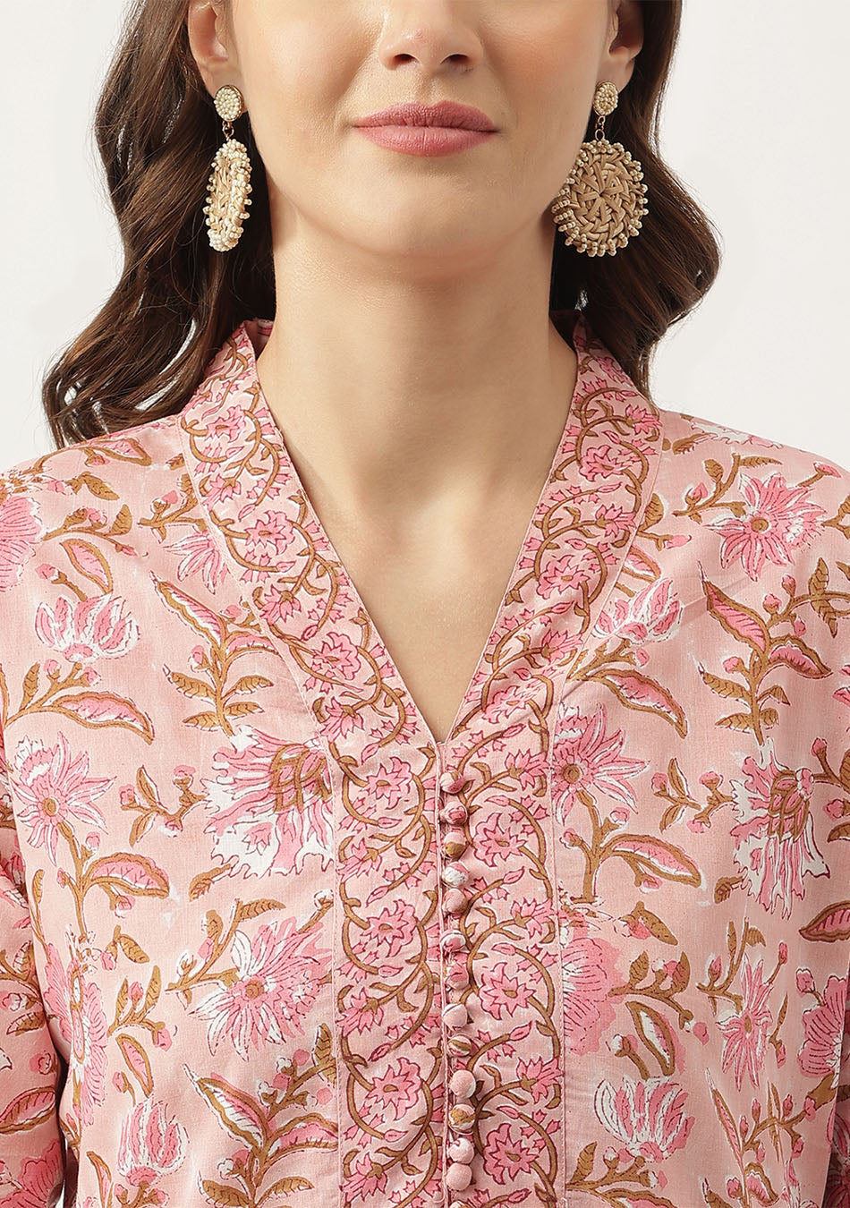 Pink hand block Floral Printed Cotton Kurta, trousers with Dupatta Set