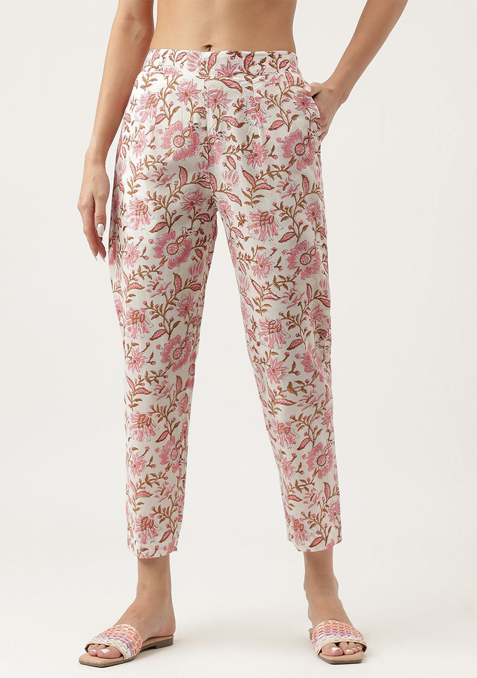 Pink hand block Floral Printed Cotton Kurta, trousers with Dupatta Set