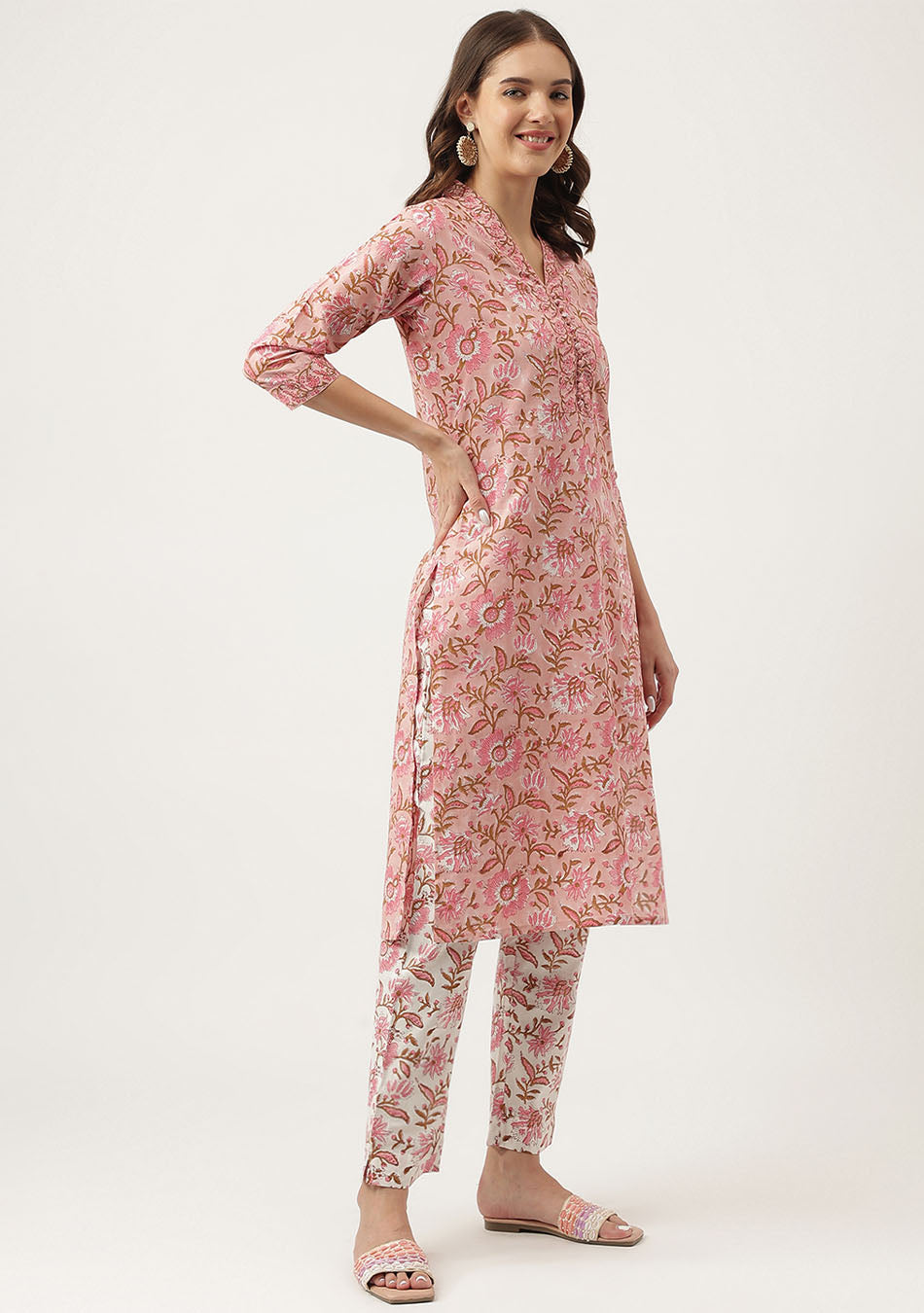 Pink hand block Floral Printed Cotton Kurta, trousers with Dupatta Set