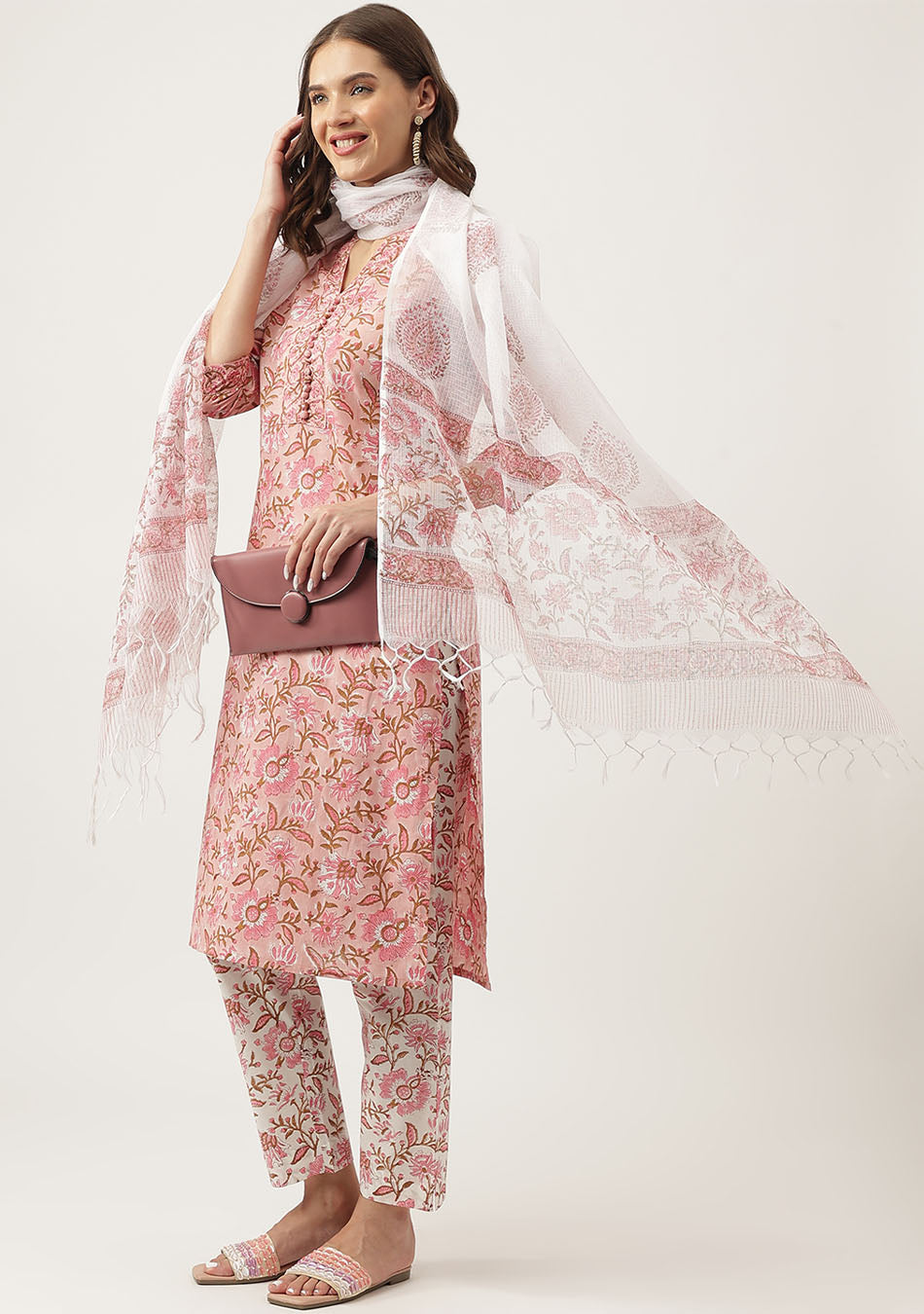 Pink hand block Floral Printed Cotton Kurta, trousers with Dupatta Set