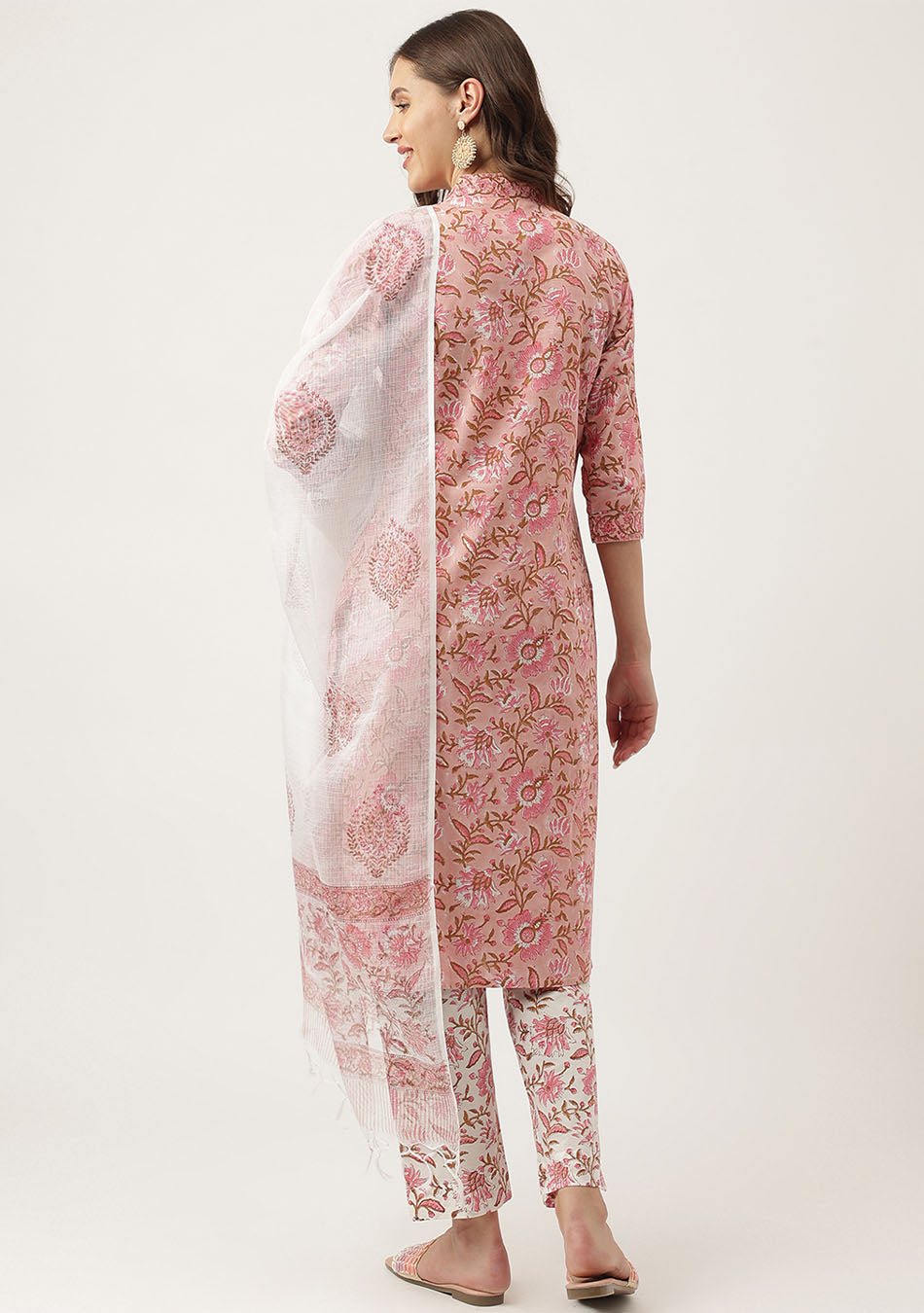 Pink hand block Floral Printed Cotton Kurta, trousers with Dupatta Set