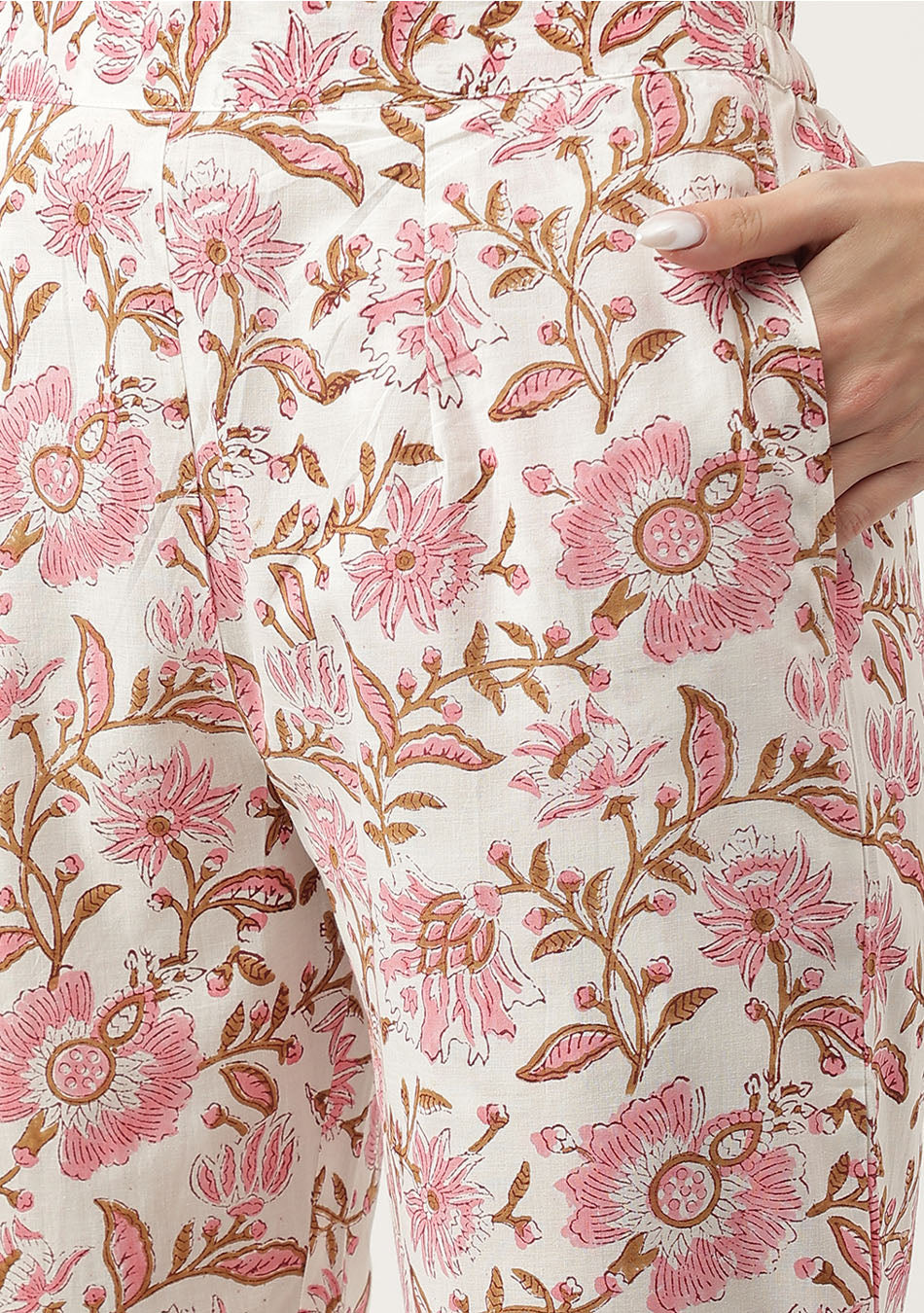 Pink hand block Floral Printed Cotton Kurta, trousers with Dupatta Set