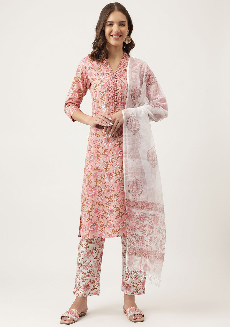 Pink hand block Floral Printed Cotton Kurta, trousers with Dupatta Set