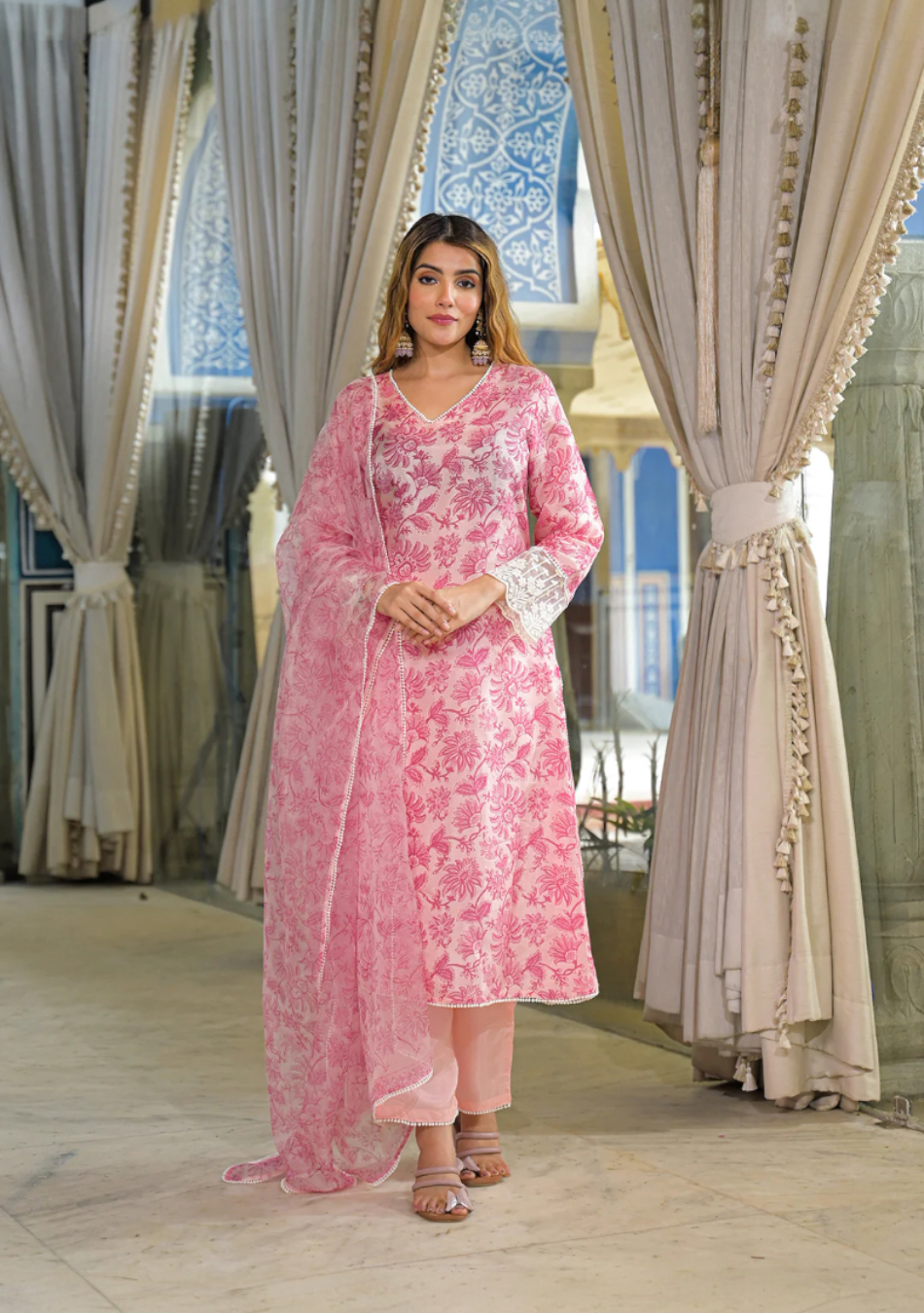 Pink Hand Block Tussar Silk Kurta Pant With Dupatta