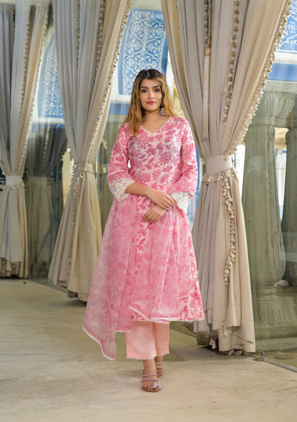 Pink Hand Block Tussar Silk Kurta Pant With Dupatta