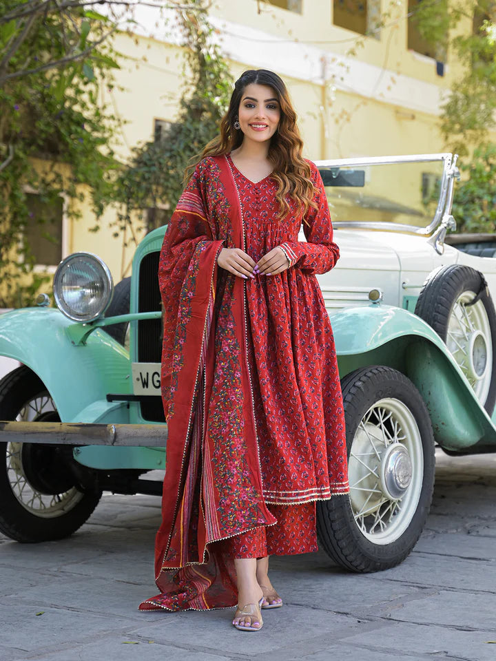 Red Floral Cotton Printed Anarkali Kurta Pant With Dupatta