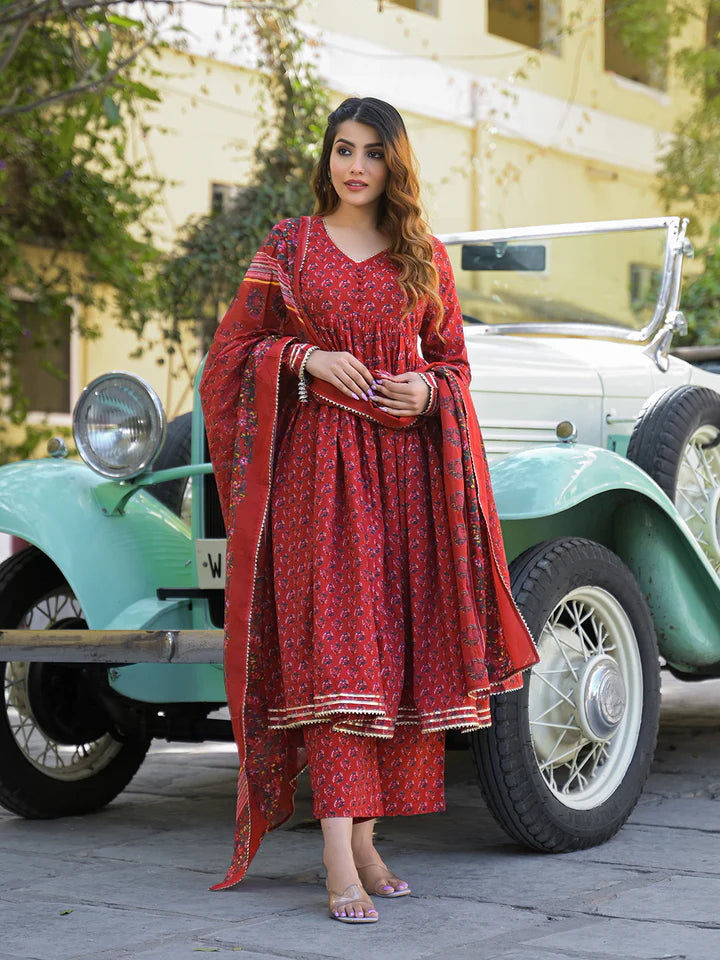 Red Floral Cotton Printed Anarkali Kurta Pant With Dupatta