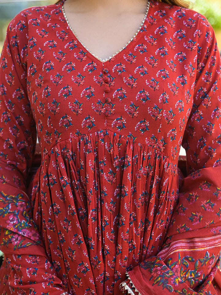 Red Floral Cotton Printed Anarkali Kurta Pant With Dupatta