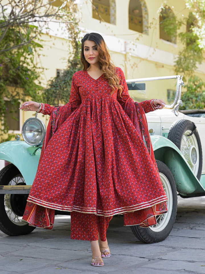 Red Floral Cotton Printed Anarkali Kurta Pant With Dupatta