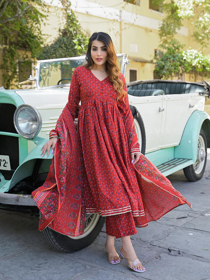 Red Floral Cotton Printed Anarkali Kurta Pant With Dupatta