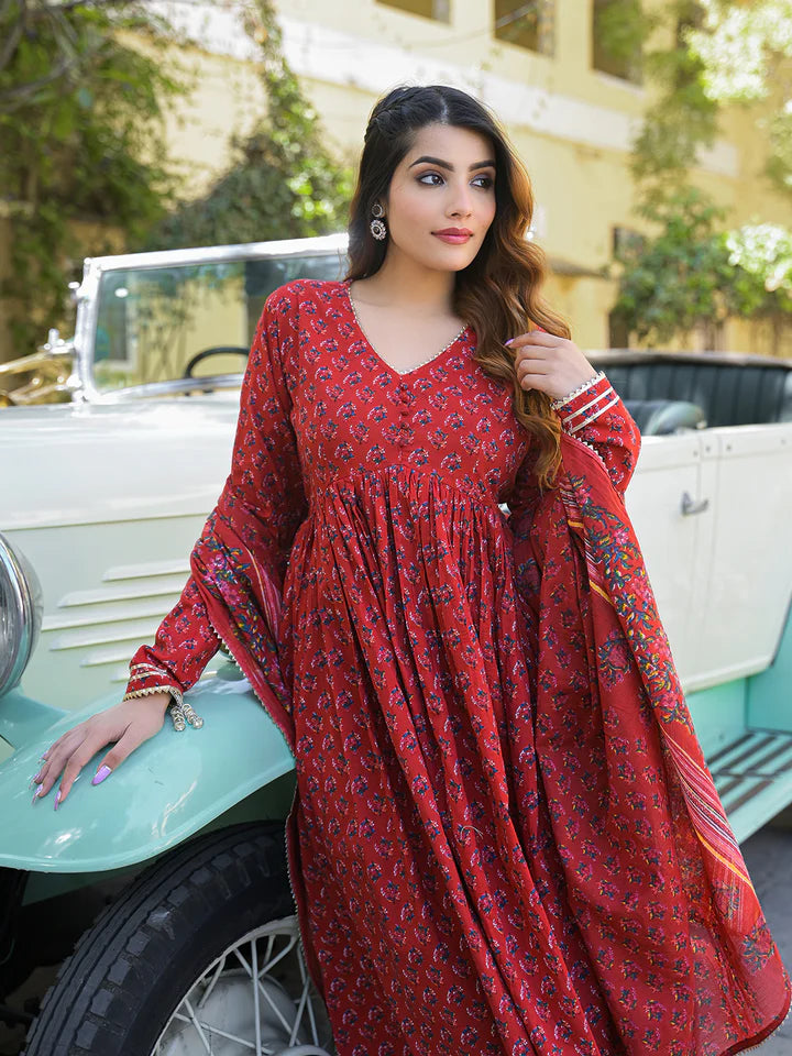 Red Floral Cotton Printed Anarkali Kurta Pant With Dupatta