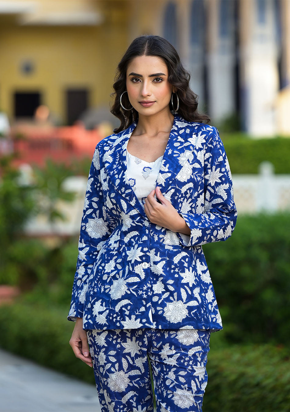 Blue & White Floral handblock Printed Co-ord Set