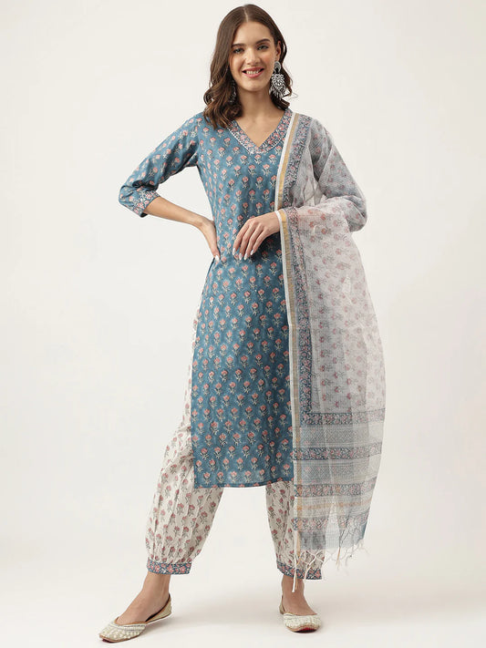 Blue  Hand Block Floral Printed sequence and gota kurta, Hem pant  with kota Dupatta