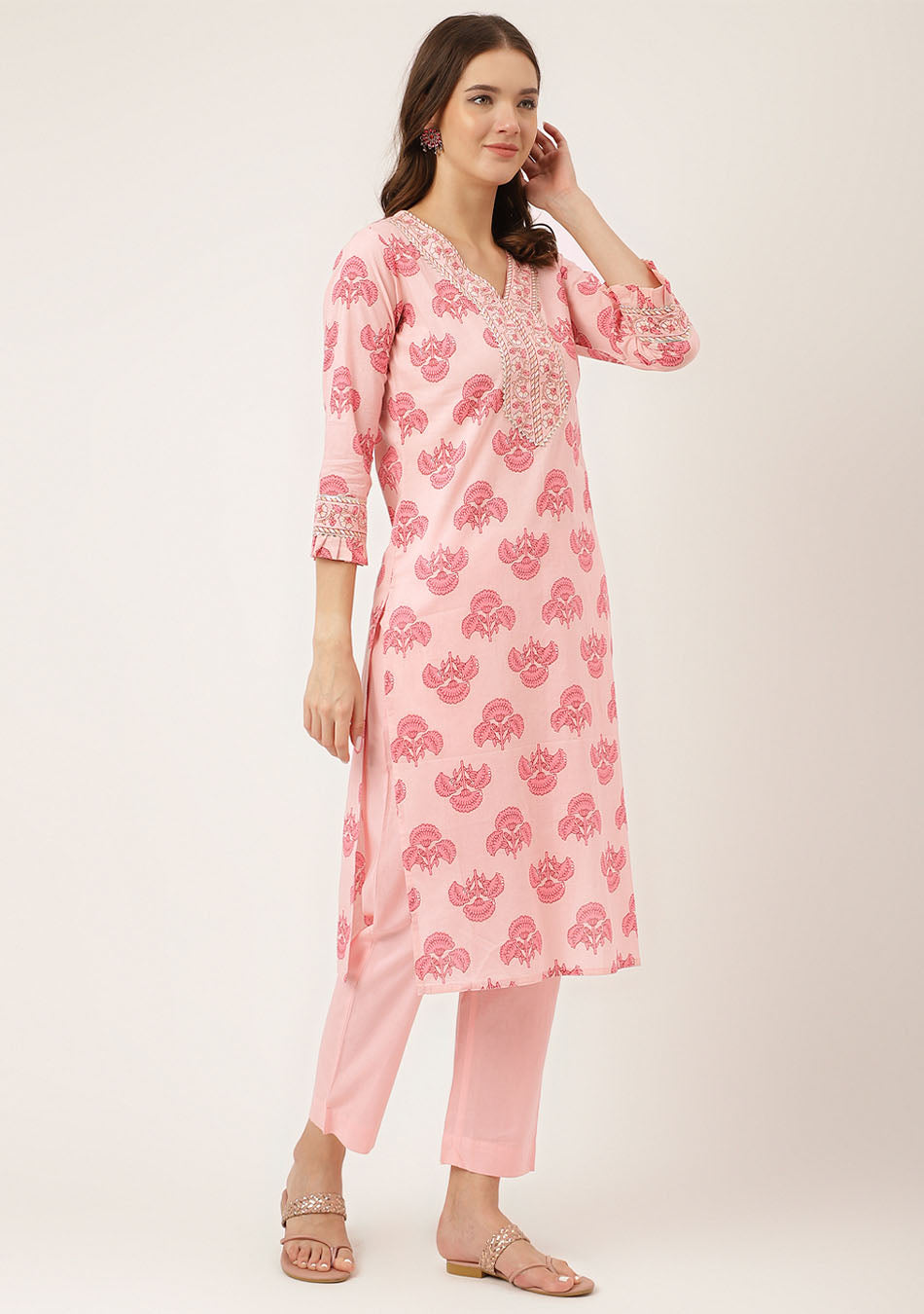 Petal Pink Floral Kurta Pant Set with Dupatta