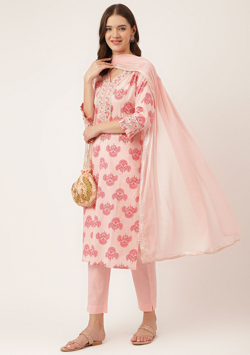 Petal Pink Floral Kurta Pant Set with Dupatta