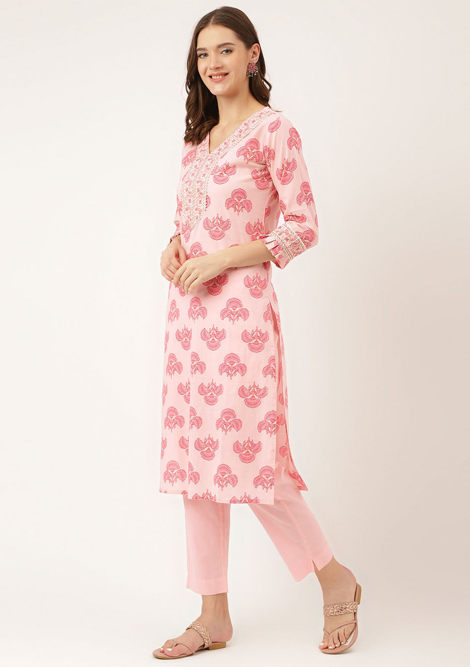 Petal Pink Floral Kurta Pant Set with Dupatta