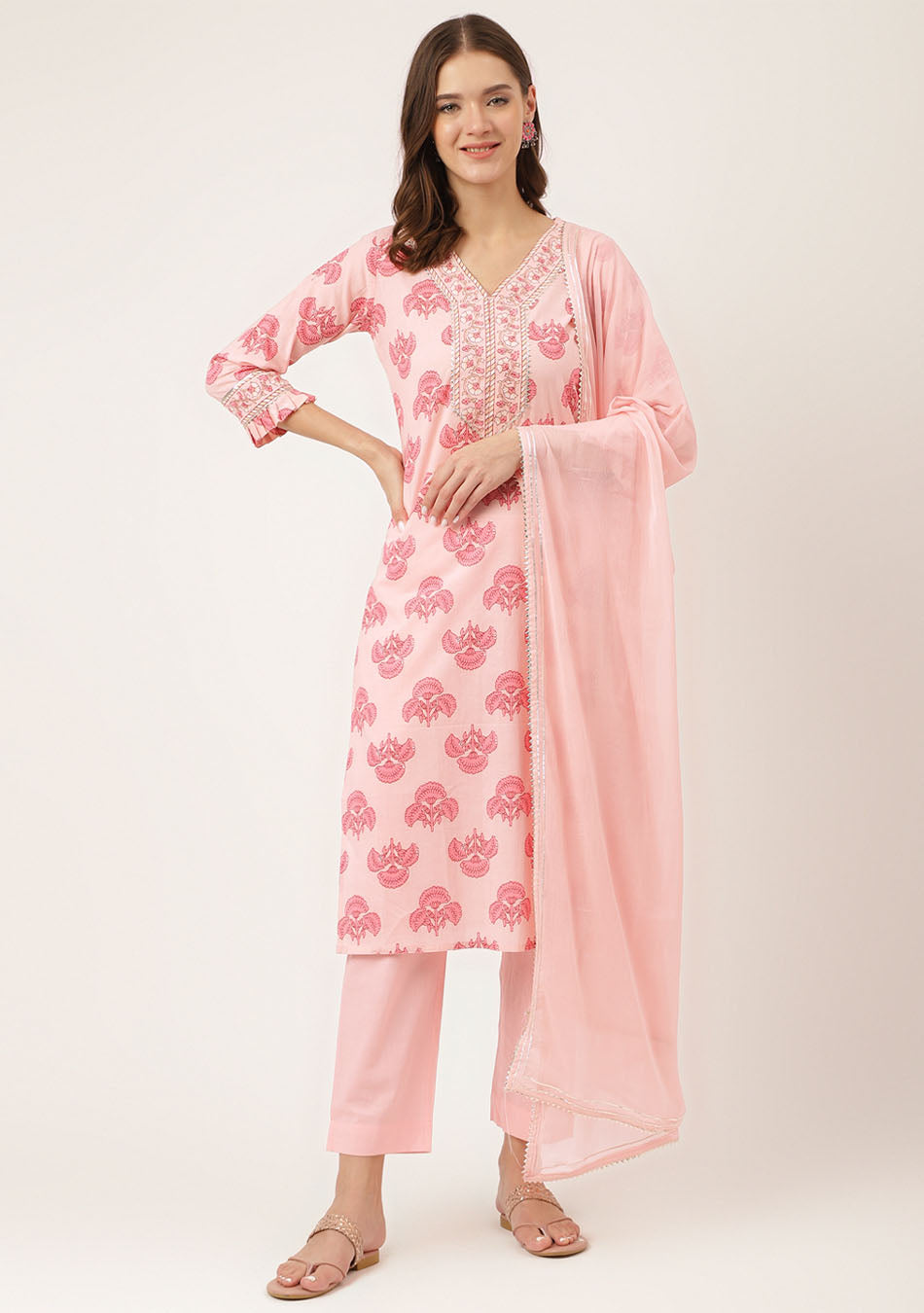 Petal Pink Floral Kurta Pant Set with Dupatta