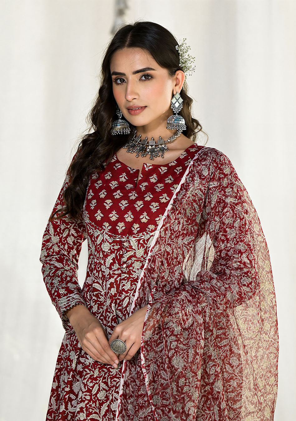 Maroon Floral Printed Anarkali Cotton Kurta Trouser with Dupatta Set