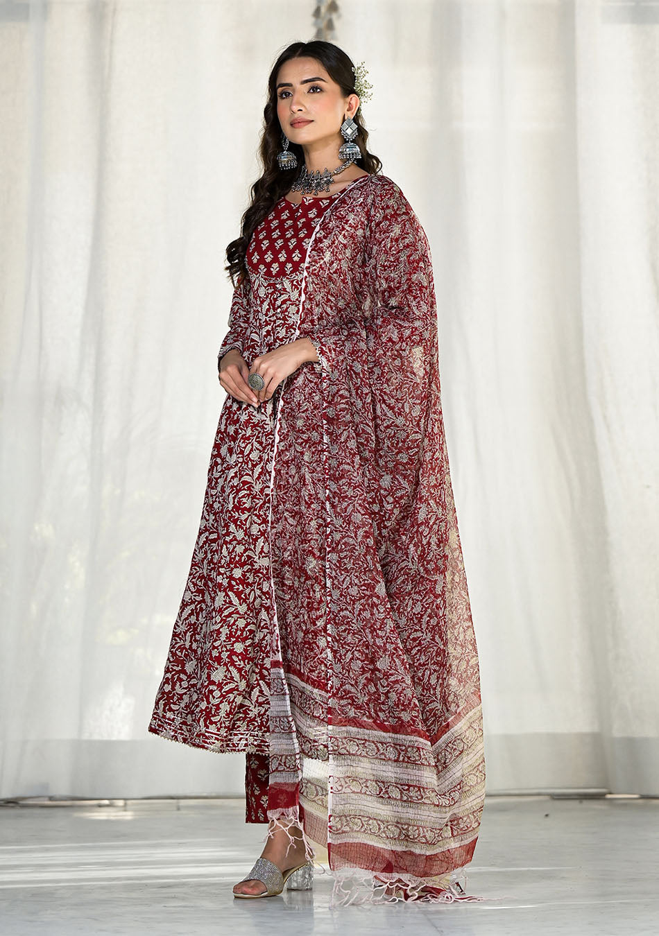 Maroon Floral Printed Anarkali Cotton Kurta Trouser with Dupatta Set
