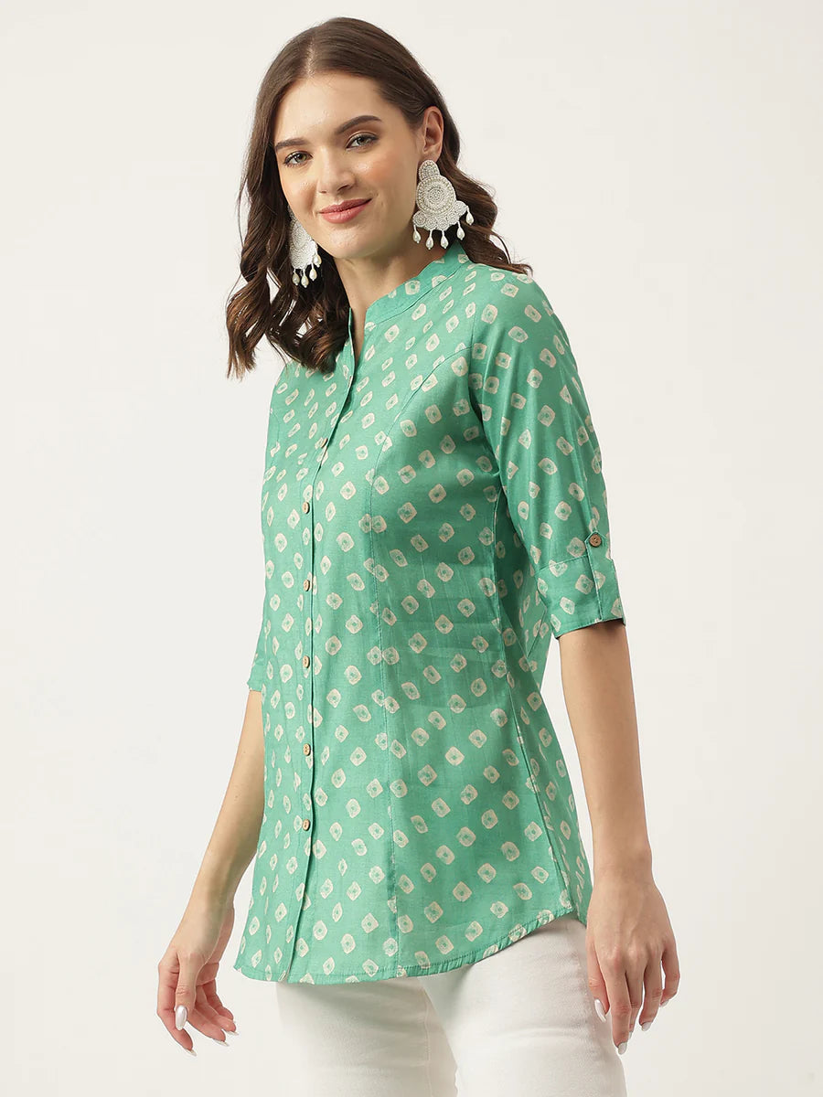 Sea green Bandhani Printed Muslin Fold Sleeve Top