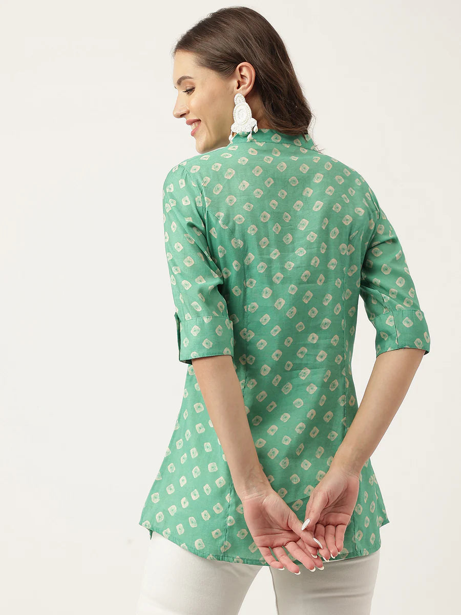 Sea green Bandhani Printed Muslin Fold Sleeve Top