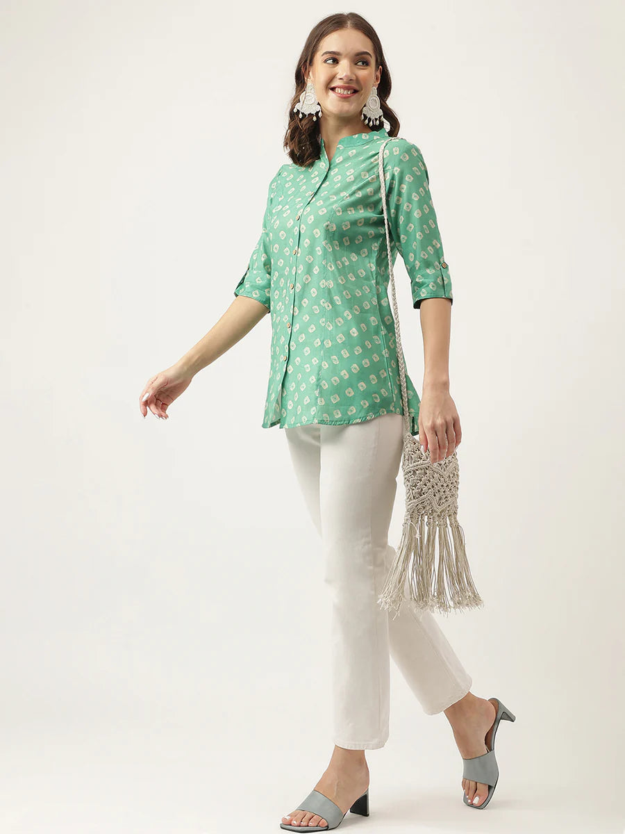 Sea green Bandhani Printed Muslin Fold Sleeve Top
