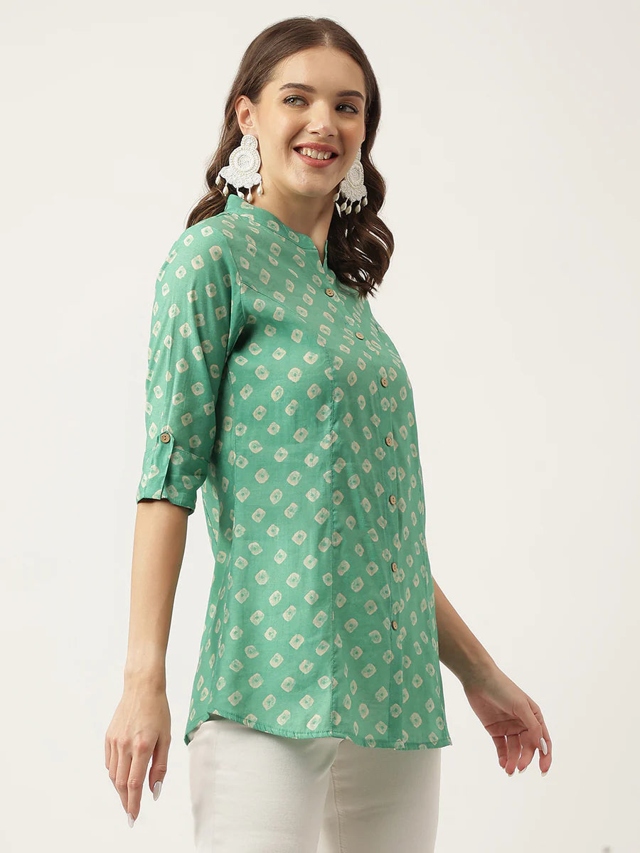 Sea green Bandhani Printed Muslin Fold Sleeve Top
