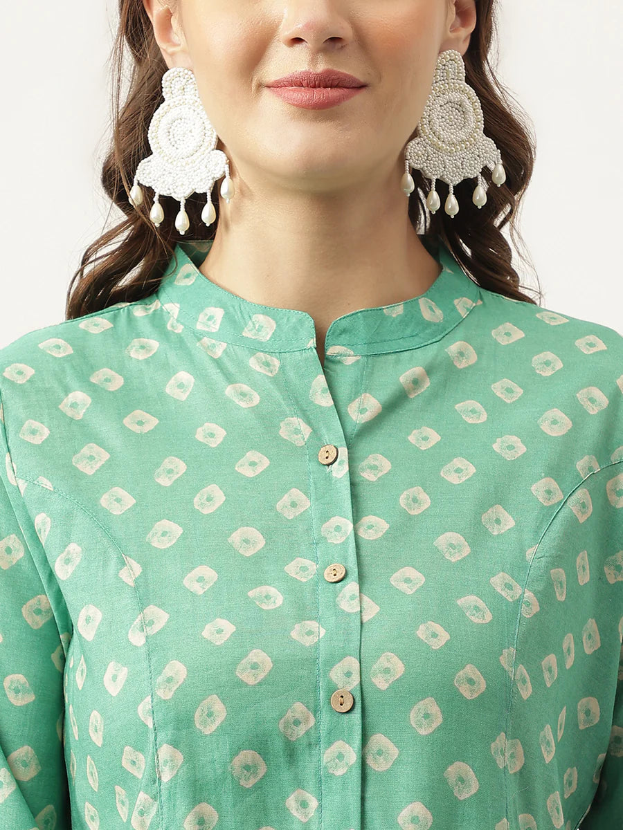 Sea green Bandhani Printed Muslin Fold Sleeve Top